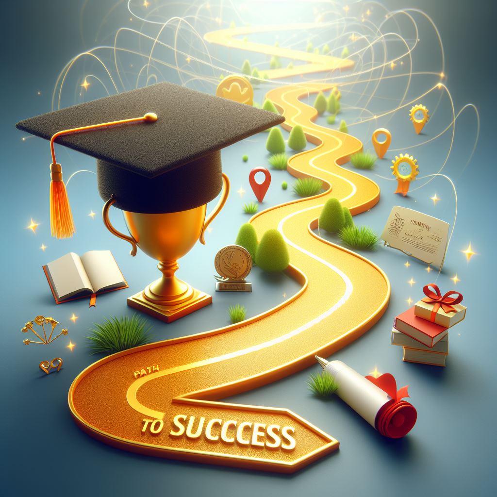 3D illustration of a graduation cap atop a trophy, symbolizing academic success, with a golden path labeled ‘Path to Success’ winding through a blue gradient background adorned with a globe, stars, books, medals, and a diploma.